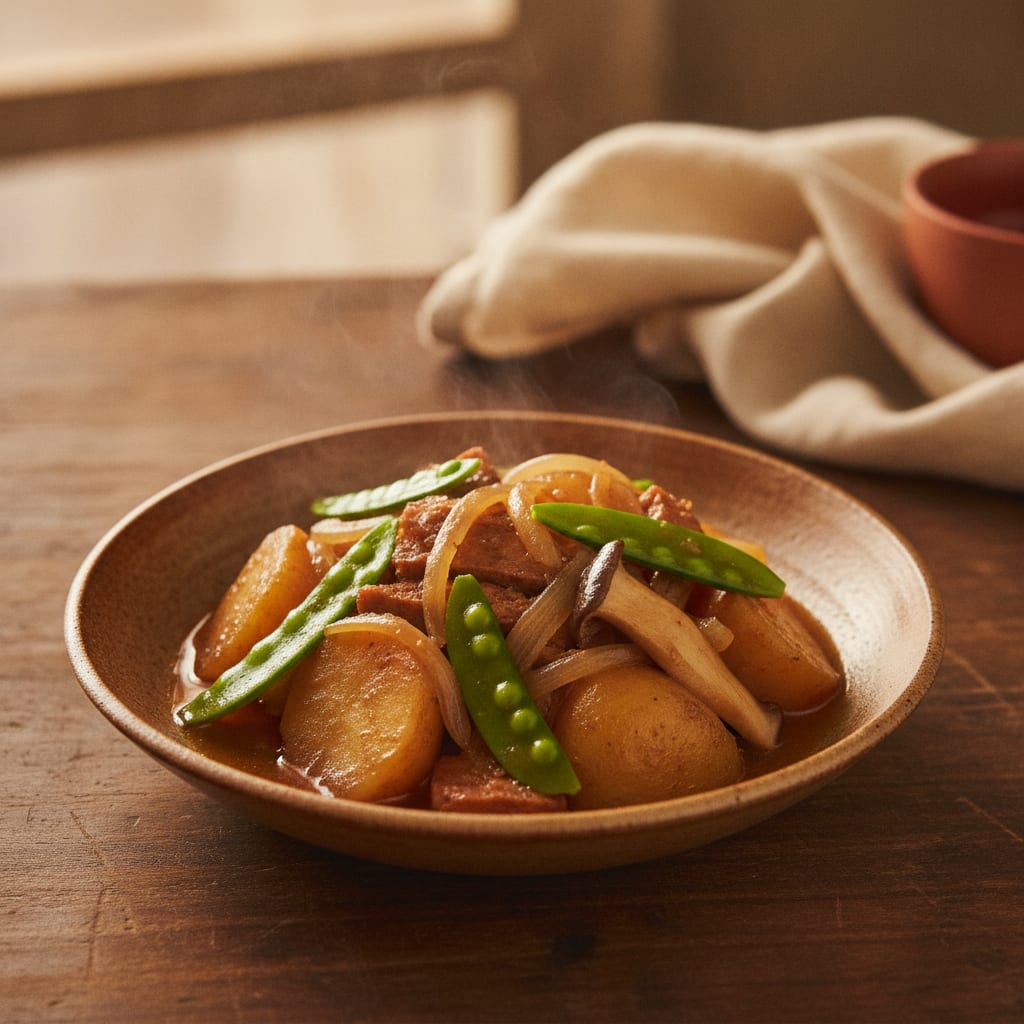 A shallow bowl of nikujaga, glossy soy-glazed potato chunks, onion strands, carrot, king oyster and ribbons of seitan, scattered with snow peas, in a little amber simmering liquid