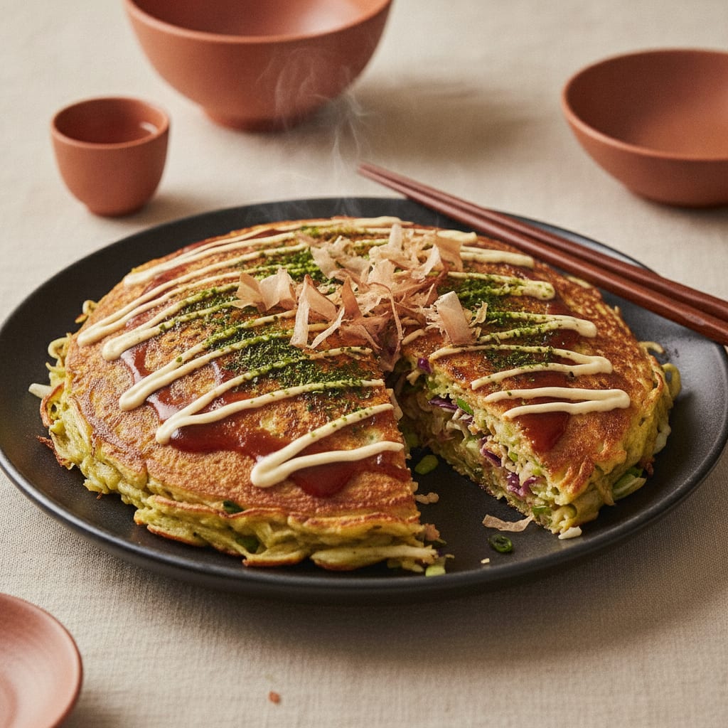 A thick golden okonomiyaki on a dark plate, lattice-piped with okonomi sauce and Kewpie-style mayo, scattered with green aonori and pale dancing bonito-style flakes, a wedge cut to show the fluffy cabbage interior