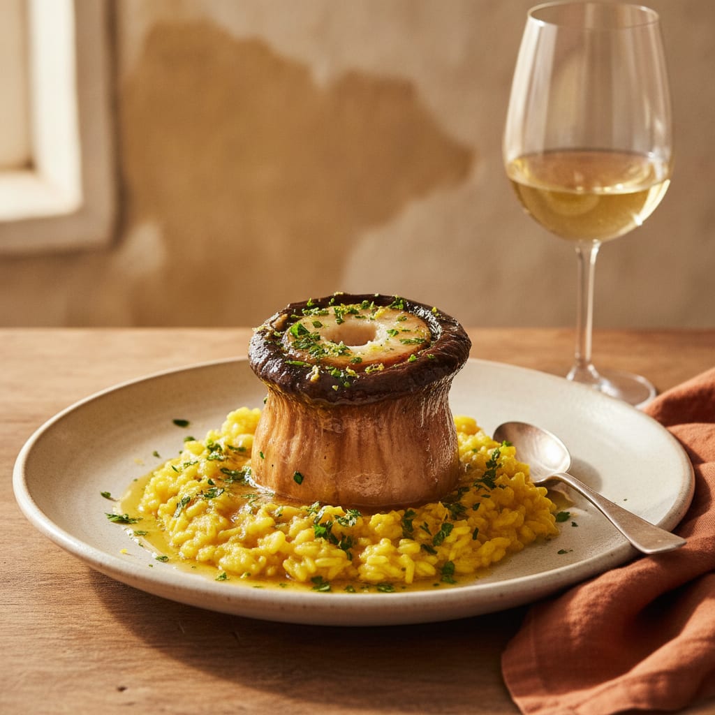 A thick braised king oyster 'shank' standing upright with a soft pale marrow center, glossy white-wine sauce, bright green gremolata scattered on top, beside saffron-yellow risotto