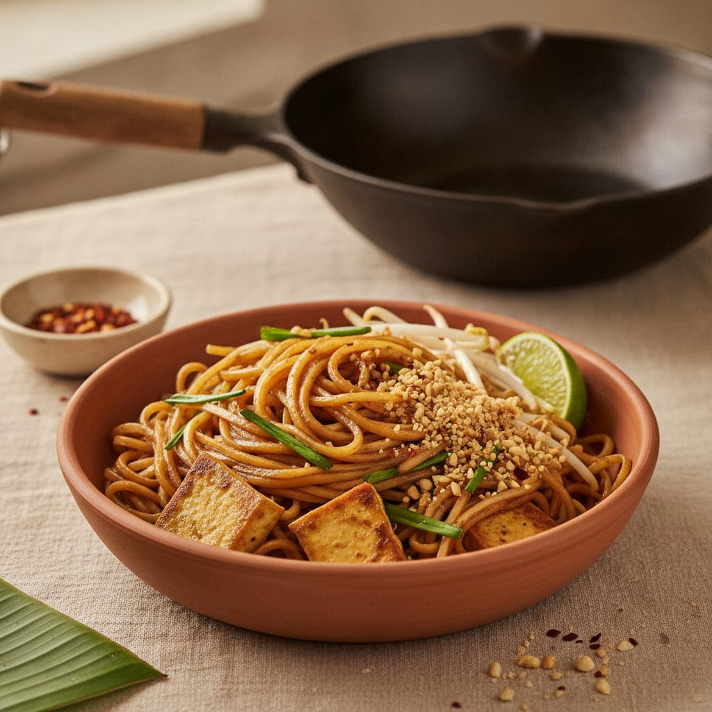 A plate of glossy pad thai noodles with seared tofu, bean sprouts, garlic chives, crushed peanuts and a lime wedge, chili flakes on the rim