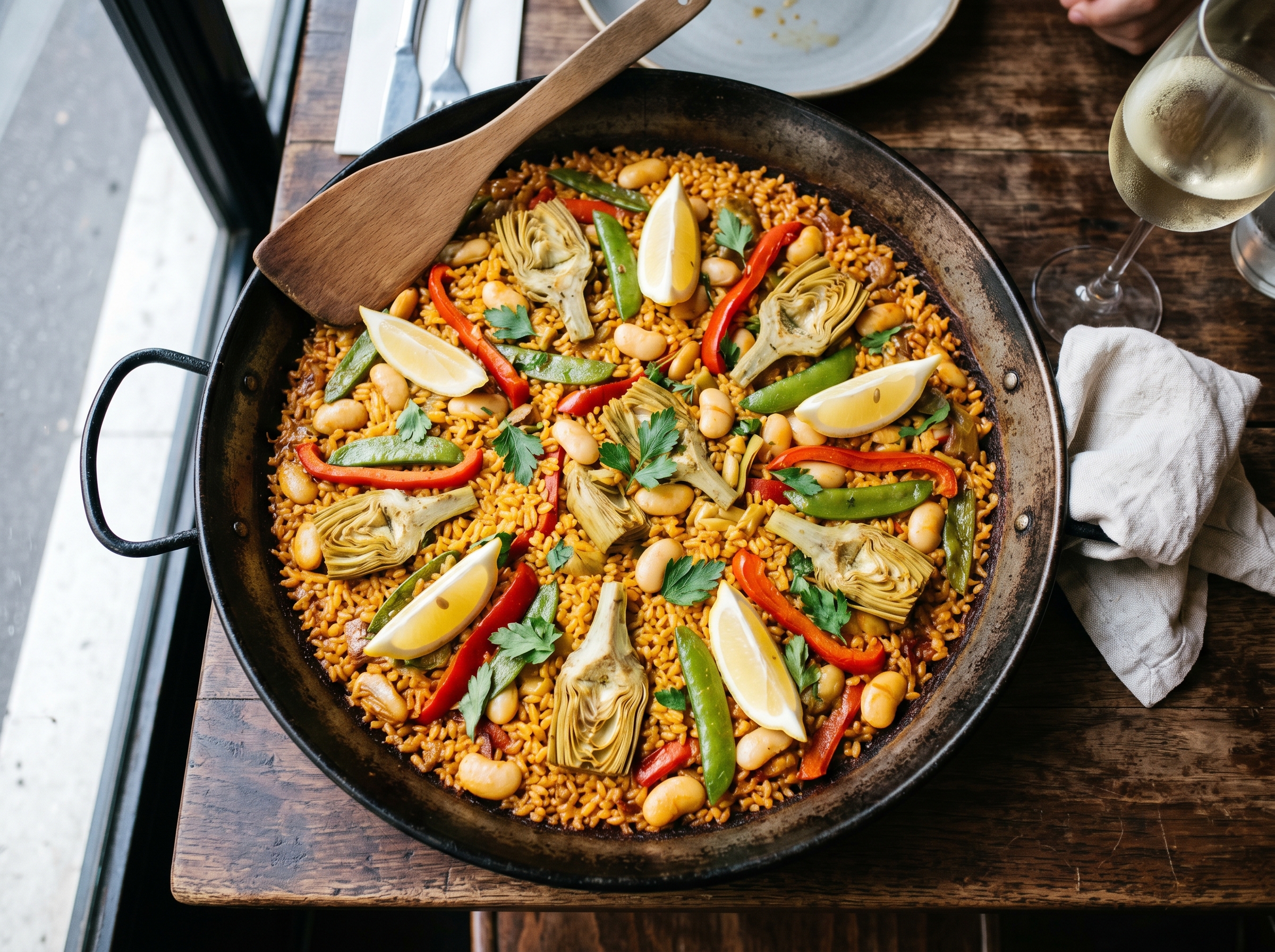 A wide black paella pan with golden saffron rice, lemon wedges, white beans and artichokes scattered on top