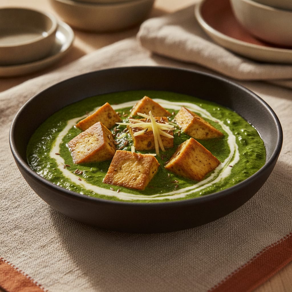 A bright emerald-green palak paneer in a dark bowl with cubes of golden pan-fried tofu, a swirl of cashew cream on top, slivered ginger and a sizzle of cumin tadka
