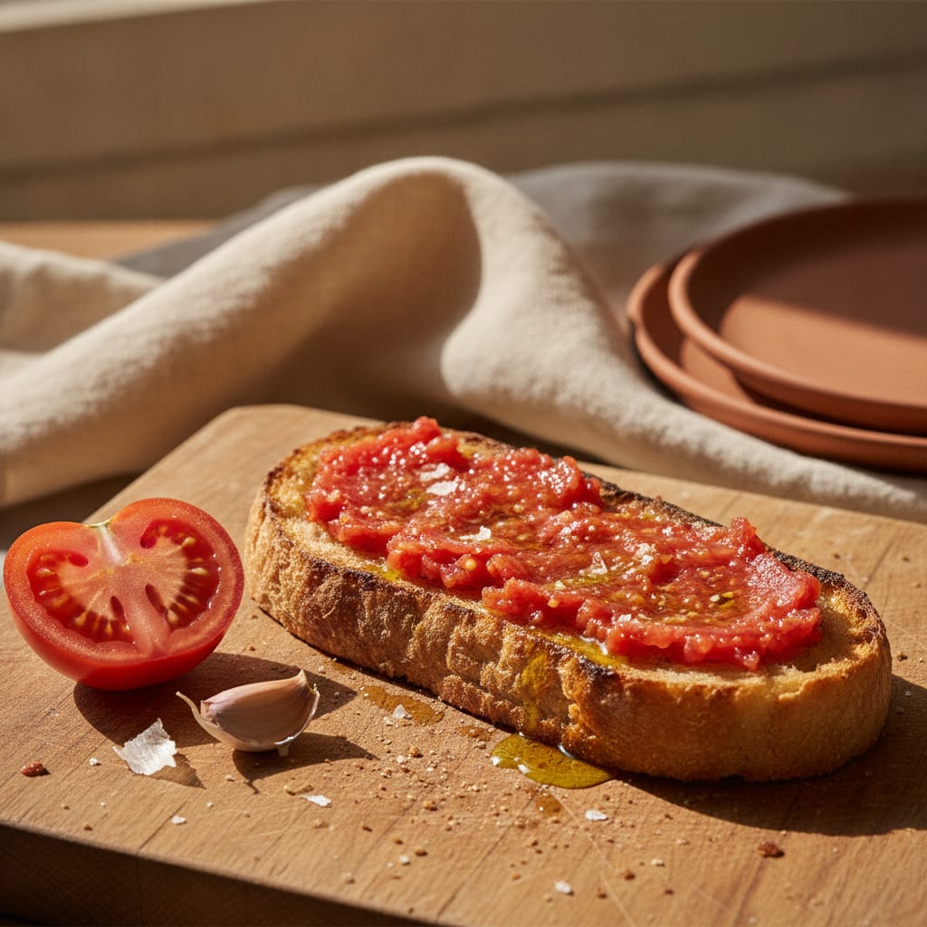 A thick slice of grilled country bread spread with bright red grated tomato pulp, glossy with olive oil, scattered with flaky salt, a cut garlic clove and tomato half beside it