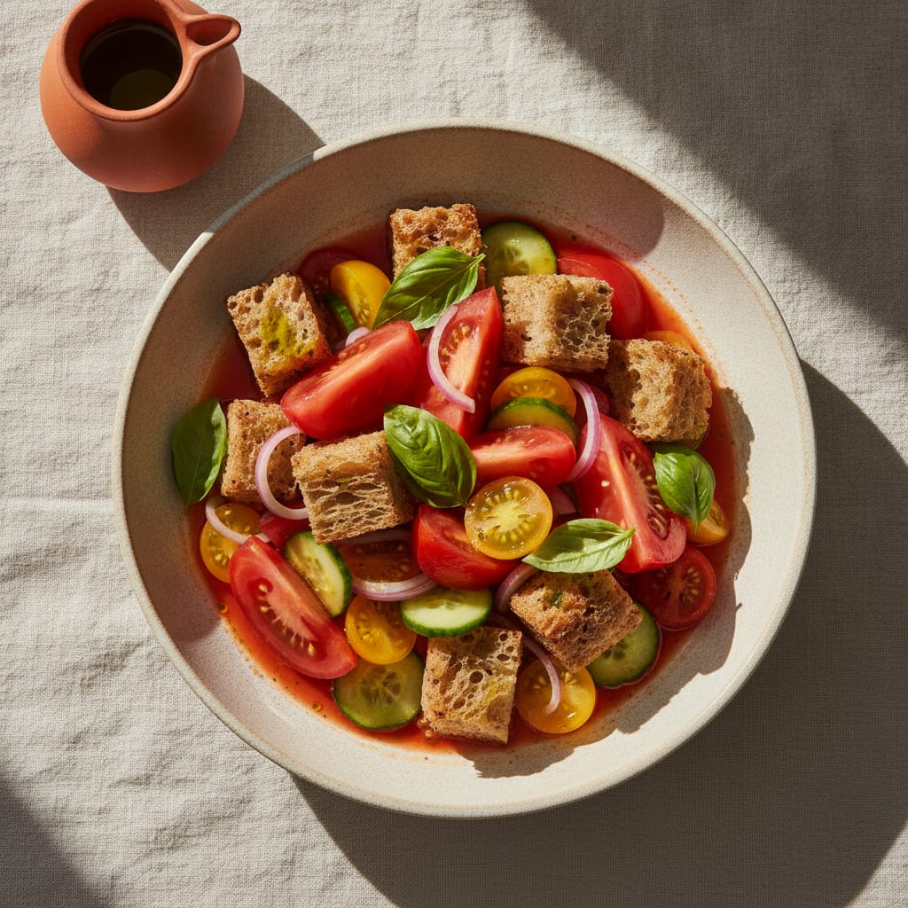 A bowl of panzanella — chunks of soaked bread, ripe red tomatoes, red onion slivers, cucumber and torn basil glossed with olive oil, in a shallow rustic bowl