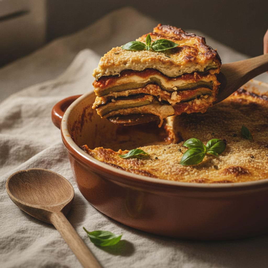 A wedge of eggplant parmigiana lifted from a baking dish, layers of fried aubergine, tomato sauce and melted cashew parmesan visible, basil on top