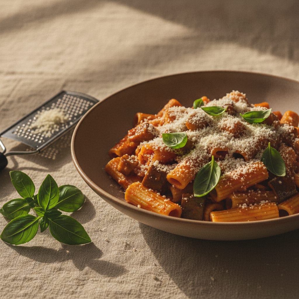 A bowl of rigatoni in red tomato sauce studded with golden-fried eggplant cubes, torn basil on top and a heavy snowfall of grated white ricotta salata
