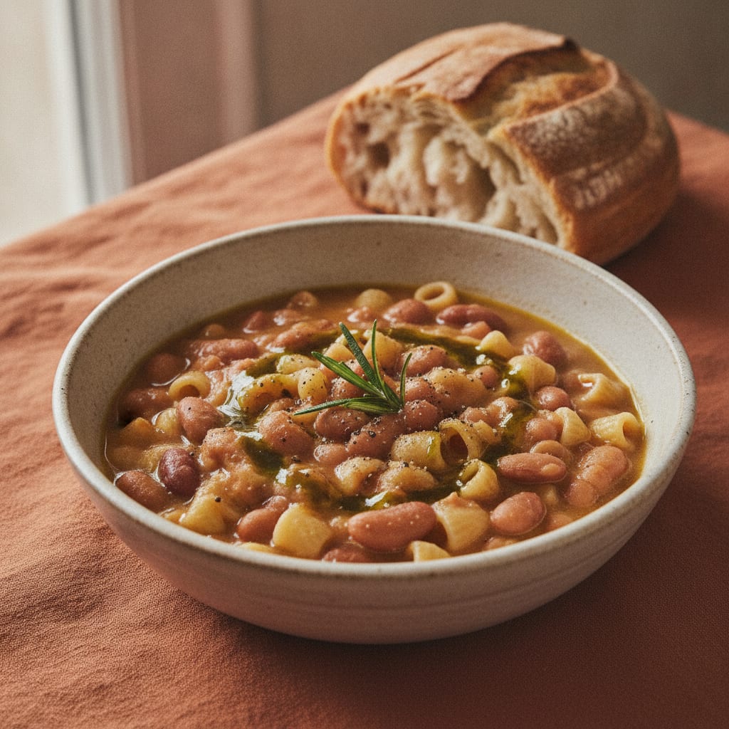 A bowl of thick pasta e fagioli, creamy bean broth with mixed short pasta shapes and whole beans, a drizzle of olive oil and black pepper, crusty bread alongside