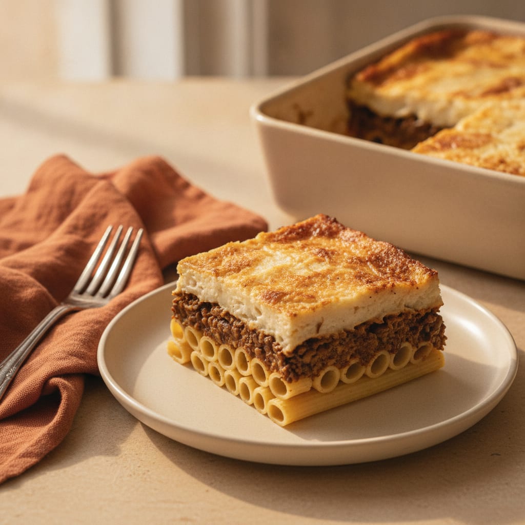 A square slice of pastitsio on a plate showing three clean layers: standing tubes of pasta at the base, a dark ragù in the middle, and a thick golden-browned béchamel on top