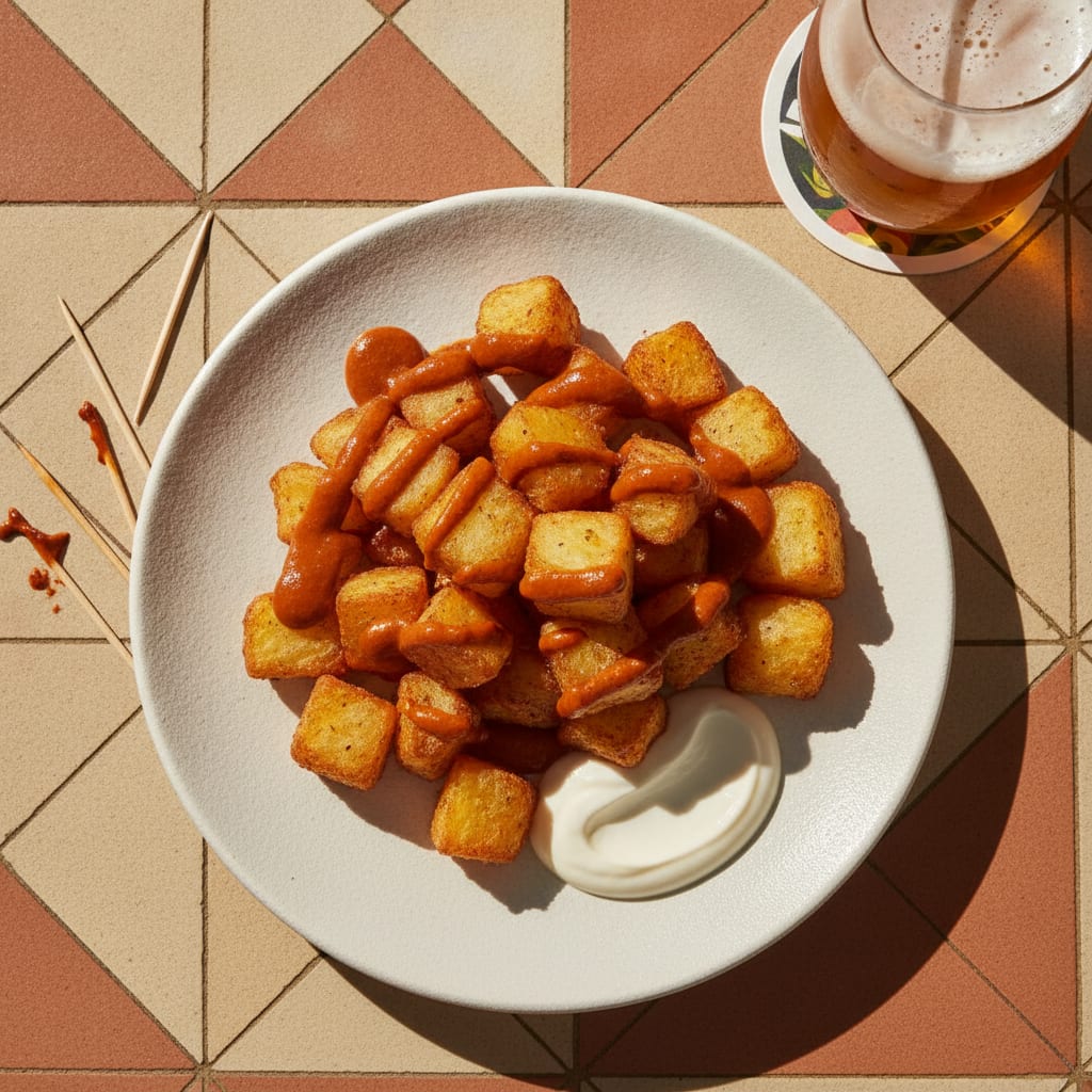 A plate of golden twice-fried potato cubes drizzled with a rust-red pimentón salsa brava and a white garlic alioli, scattered toothpicks beside