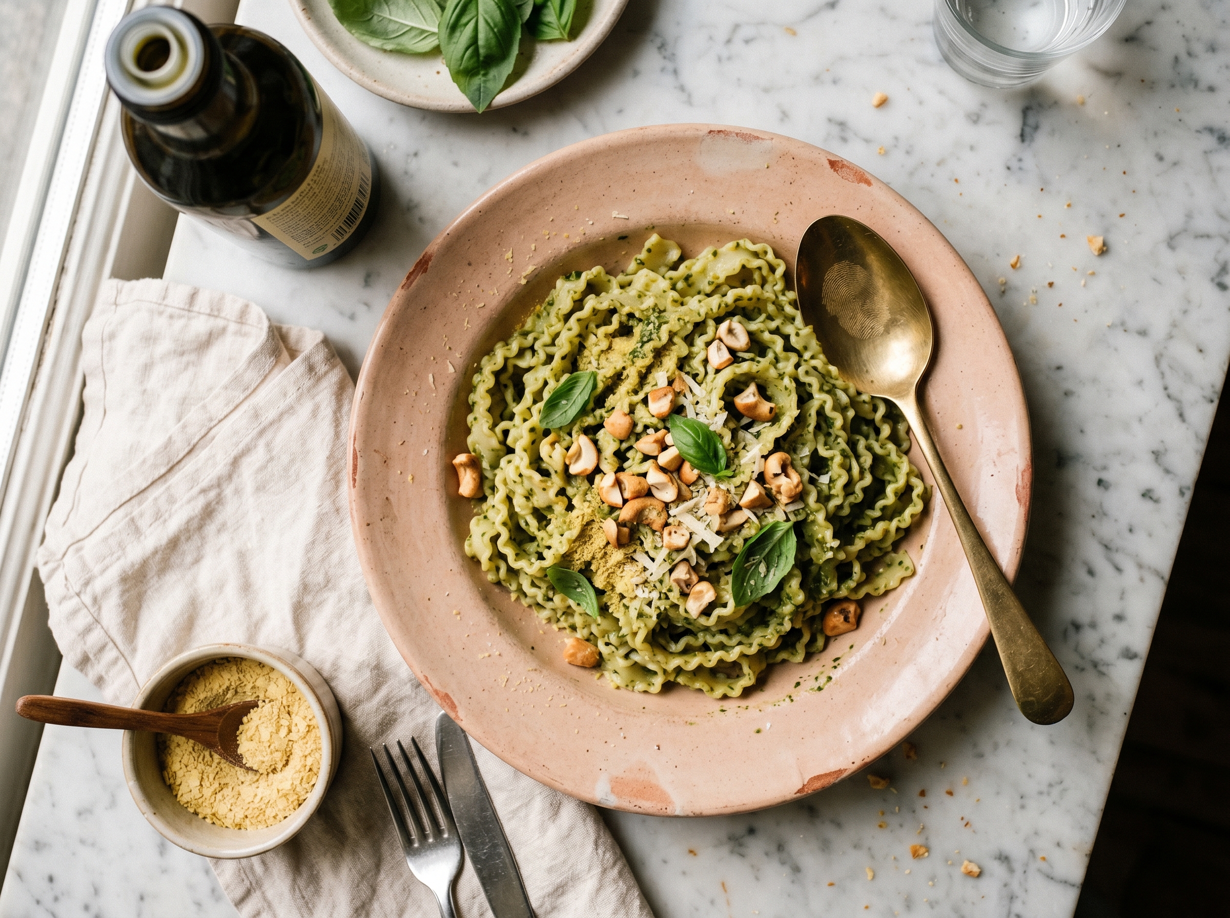 A wide bowl of trofie pasta tossed in bright green pesto, with a small bowl of grated cashew-yeast cheese beside it