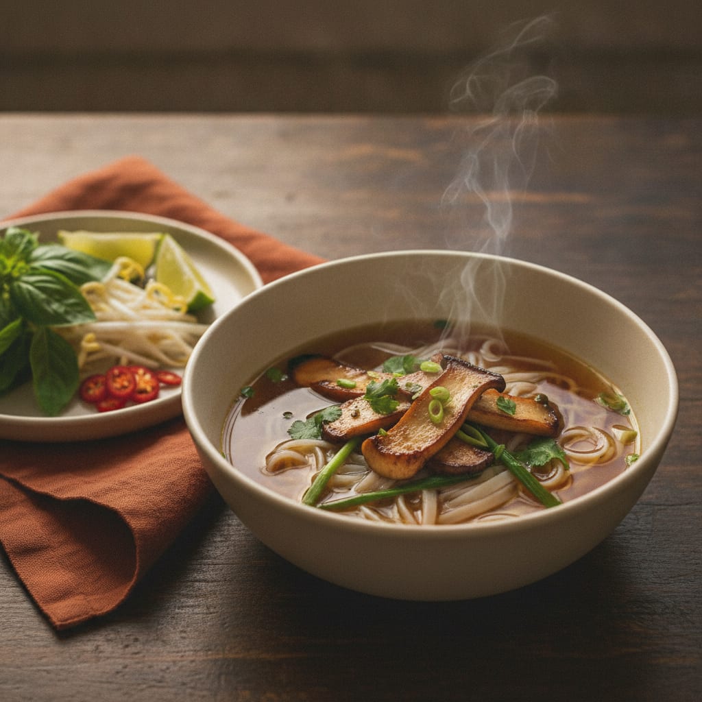 A deep bowl of clear amber phở broth with flat rice noodles, seared king oyster slices, scallion, cilantro, and a side plate of Thai basil, lime, and chili