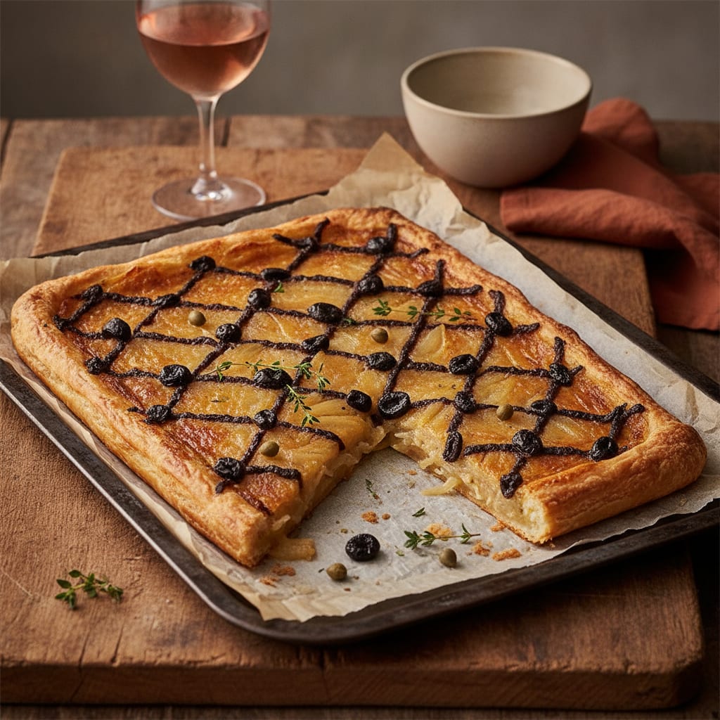 A rectangular pissaladière on parchment, deep-golden collapsed onions edge to edge, a lattice of black olives, dark olive-caper paste pooled in the seams, thyme scattered, one slice cut away