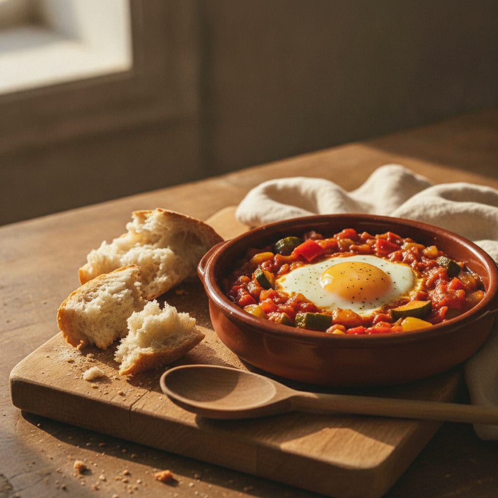 A rustic terracotta dish of glossy red pisto — diced peppers, courgette and onion in a thick tomato base — with a soft-set egg sitting on top, bread alongside