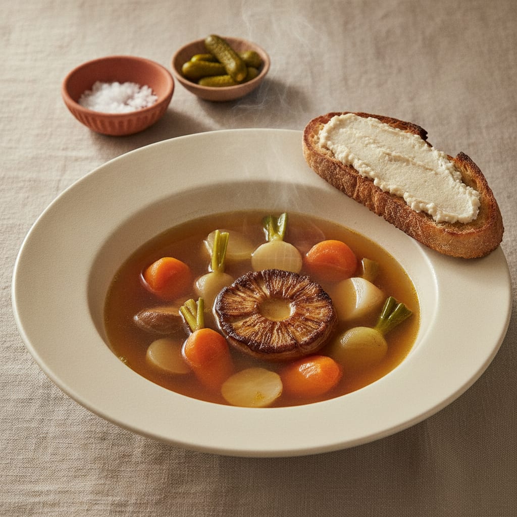 A wide shallow bowl of clear amber pot-au-feu broth with turned carrots, leeks, turnips and a seared king oyster medallion, a slice of marrow toast resting on the rim