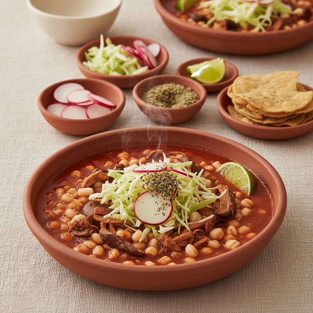 A wide bowl of brick-red pozole rojo thick with flowered white hominy and shredded mushroom, crowned with shredded cabbage, radish slices, oregano and a lime wedge