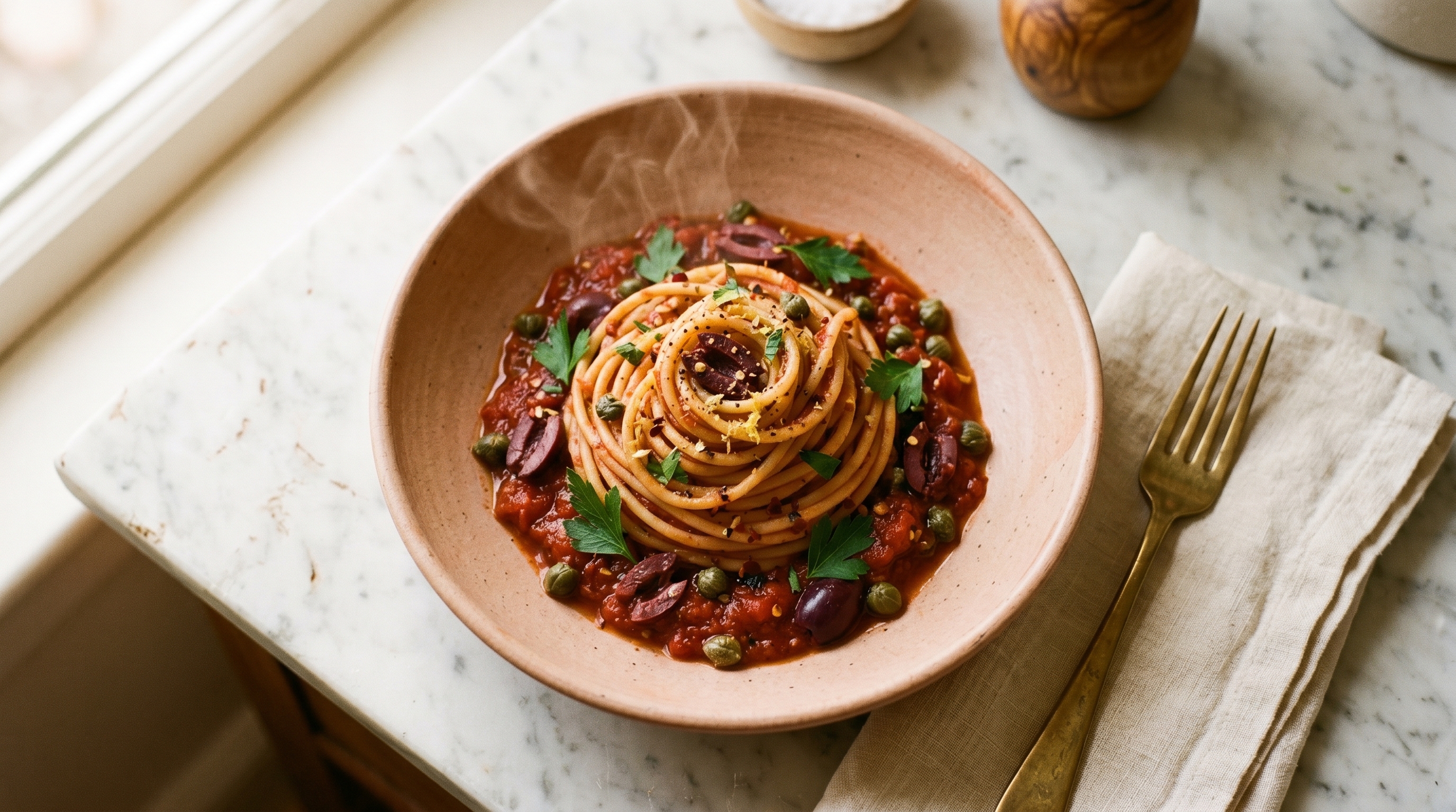 A wide bowl of spaghetti puttanesca with visible olives, capers, and parsley, glossy tomato sauce
