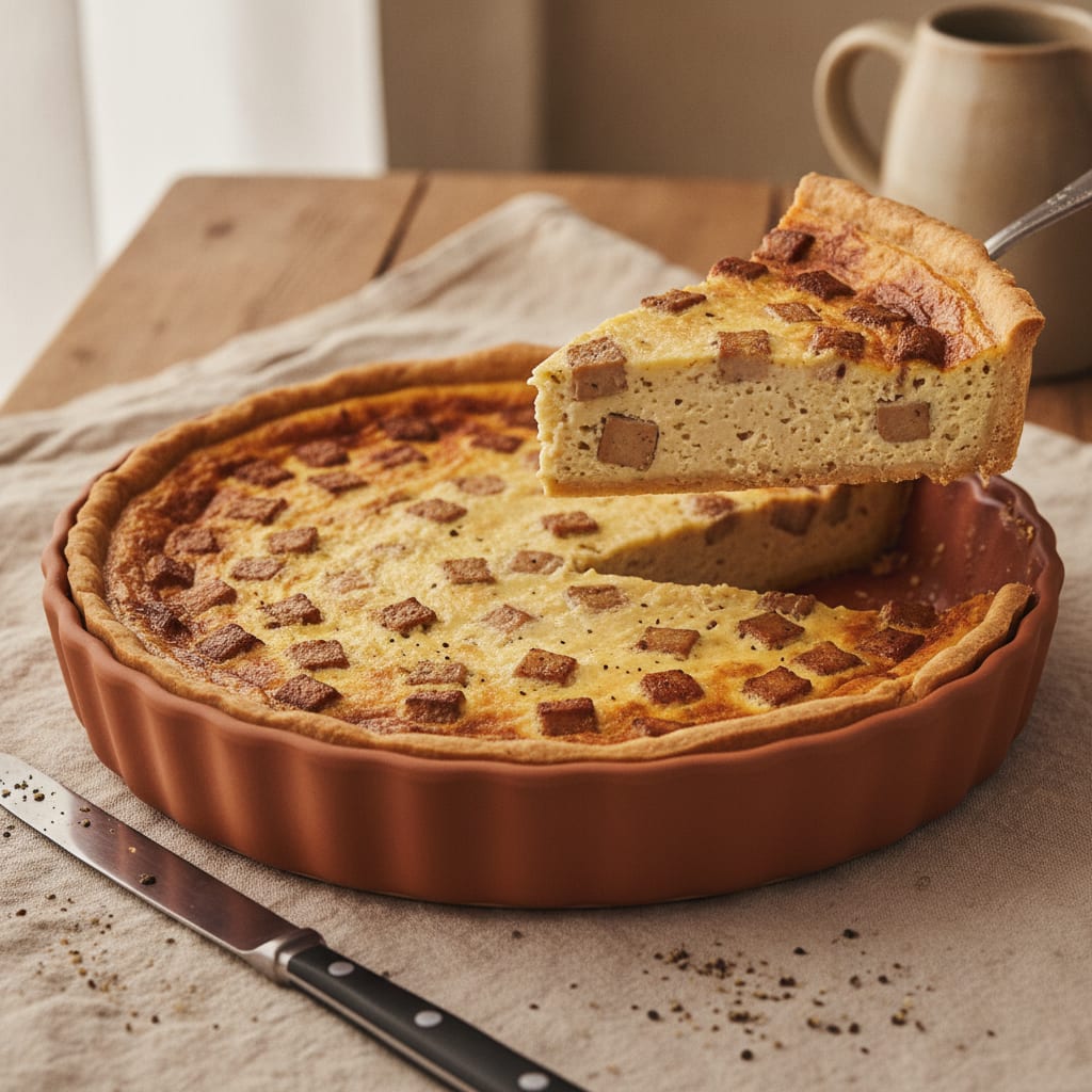 A golden quiche lorraine with a just-set pale custard studded with browned smoked-tofu lardons, one wedge cut and lifted to show the trembling interior