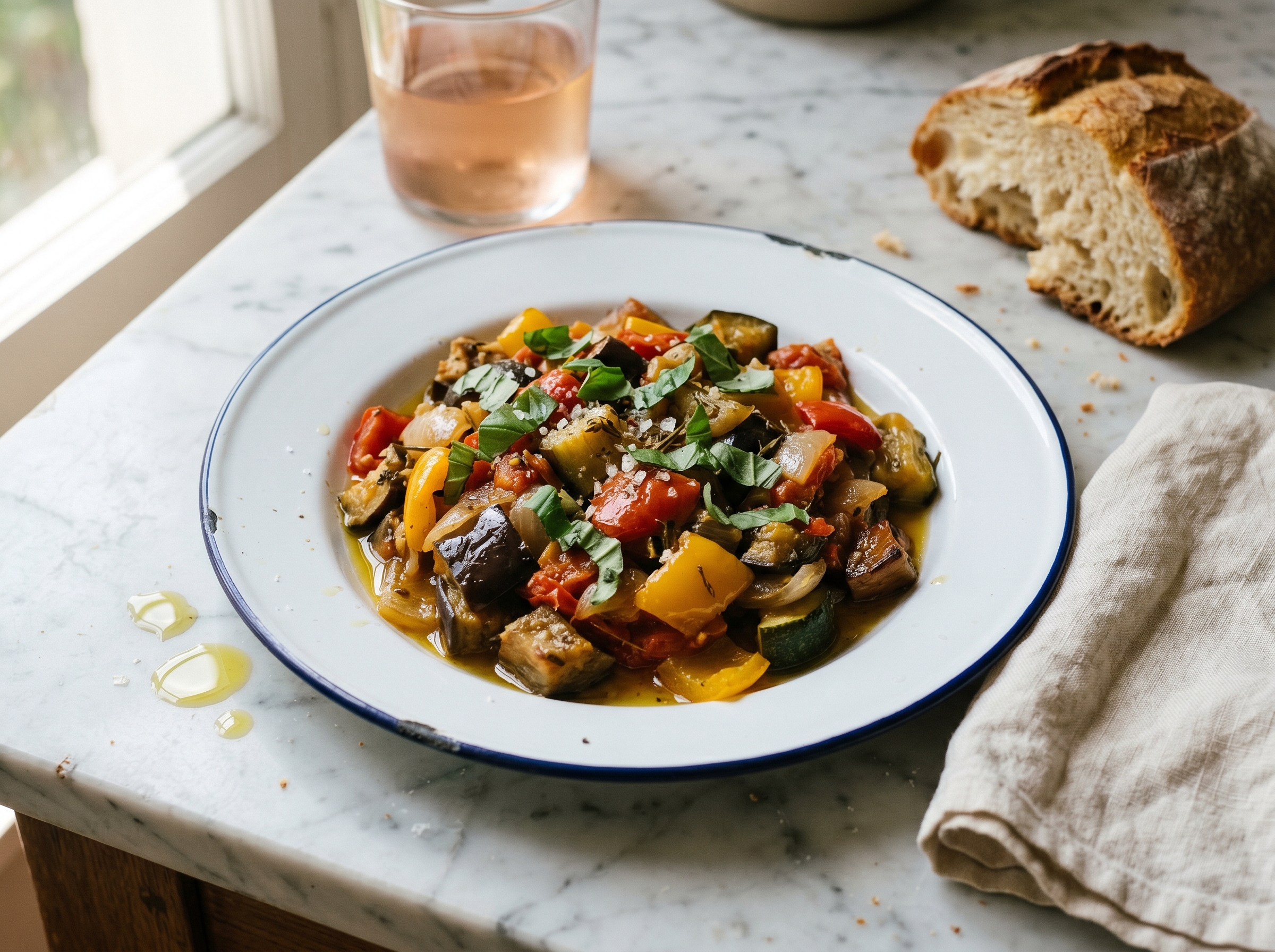 A wide shallow pan of ratatouille — visible chunks of eggplant, zucchini, peppers, and tomato in a glossy sauce, with fresh basil scattered