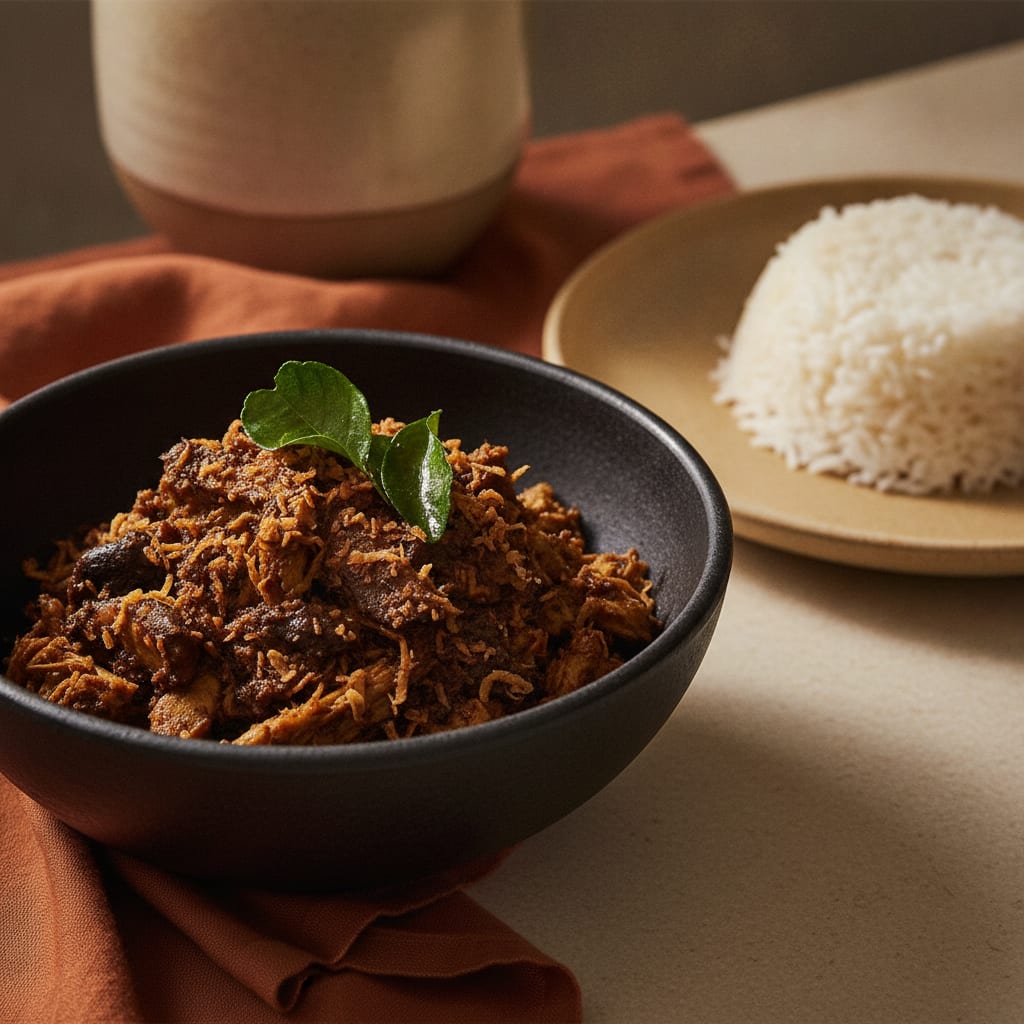 A bowl of dark, almost black rendang — shredded jackfruit and king oyster mushroom coated in a dry, glistening spice paste flecked with toasted coconut, a lime leaf and a few fried curry leaves on top, jasmine rice alongside