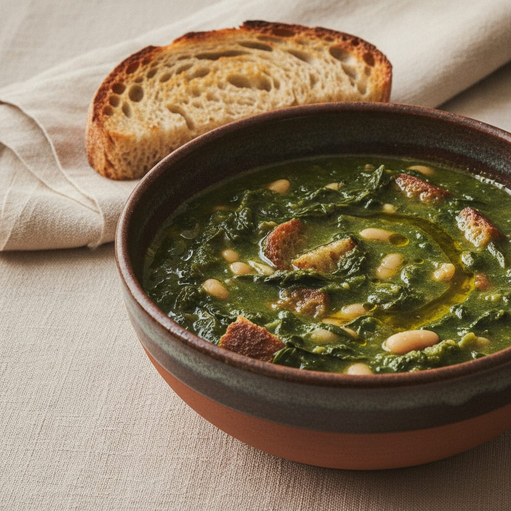 A deep bowl of thick ribollita, dark green with cavolo nero and beans, bread cooked into the body of the soup, a swirl of olive oil on top and crusty bread alongside