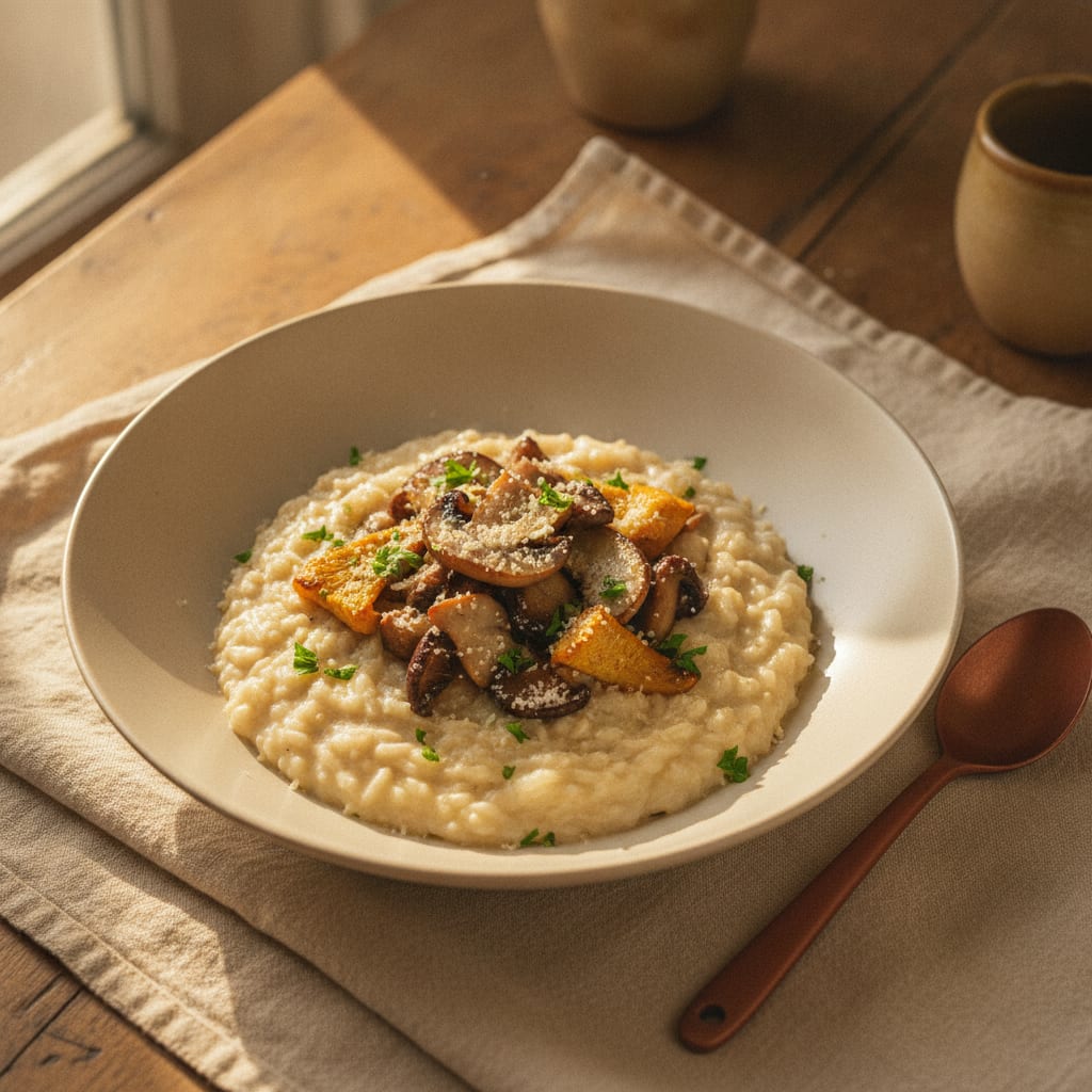 A shallow bowl of creamy mushroom risotto spread in a loose wave, glossy with seared mushrooms on top, a dusting of grated cashew parmesan and parsley