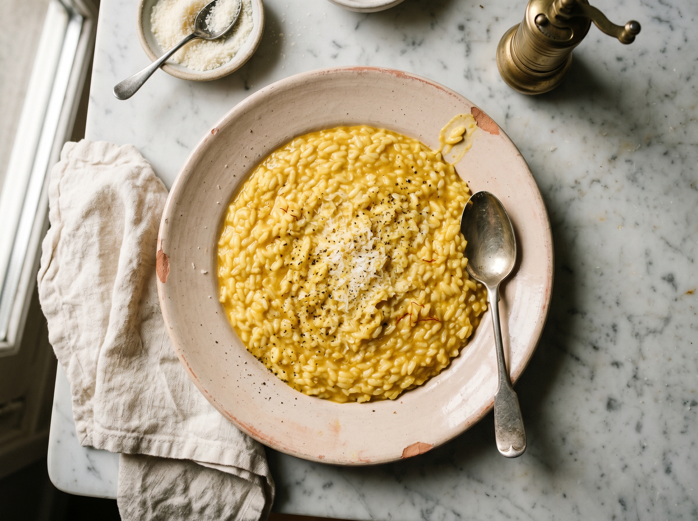A wide shallow plate of golden saffron risotto, spread to a thin even layer, with a single scattering of black pepper