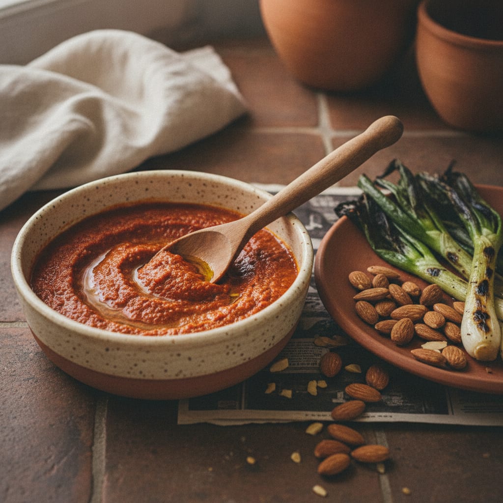 A bowl of thick rust-red romesco sauce with a coarse texture, a drizzle of olive oil, beside charred spring onions on a terracotta plate