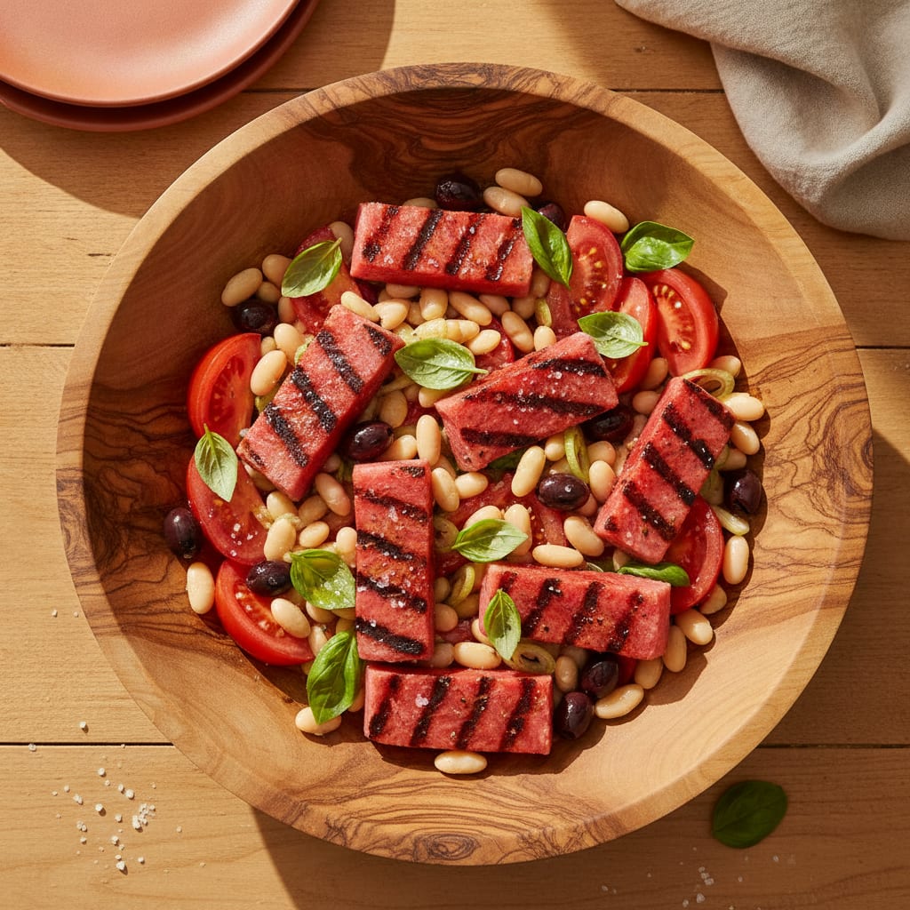 A wide wooden bowl rubbed with garlic holding wedges of salted ripe tomato, white beans, black olives, radishes, basil, and slices of seared watermelon 'tuna' with grill marks, dressed only in olive oil