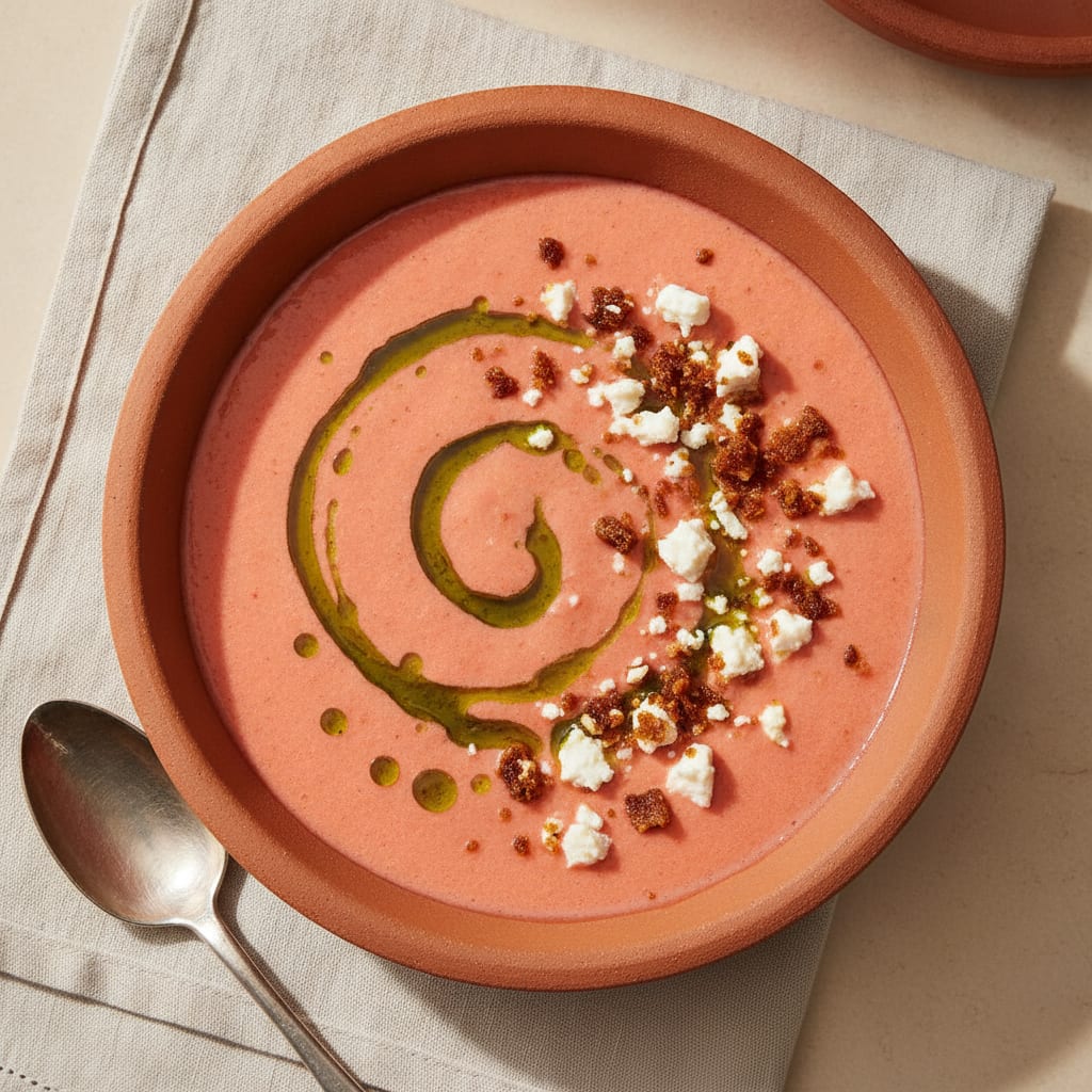 A shallow bowl of thick orange-pink salmorejo with a swirl of olive oil, scattered with crumbled tofu and smoky jamón-style crumbs