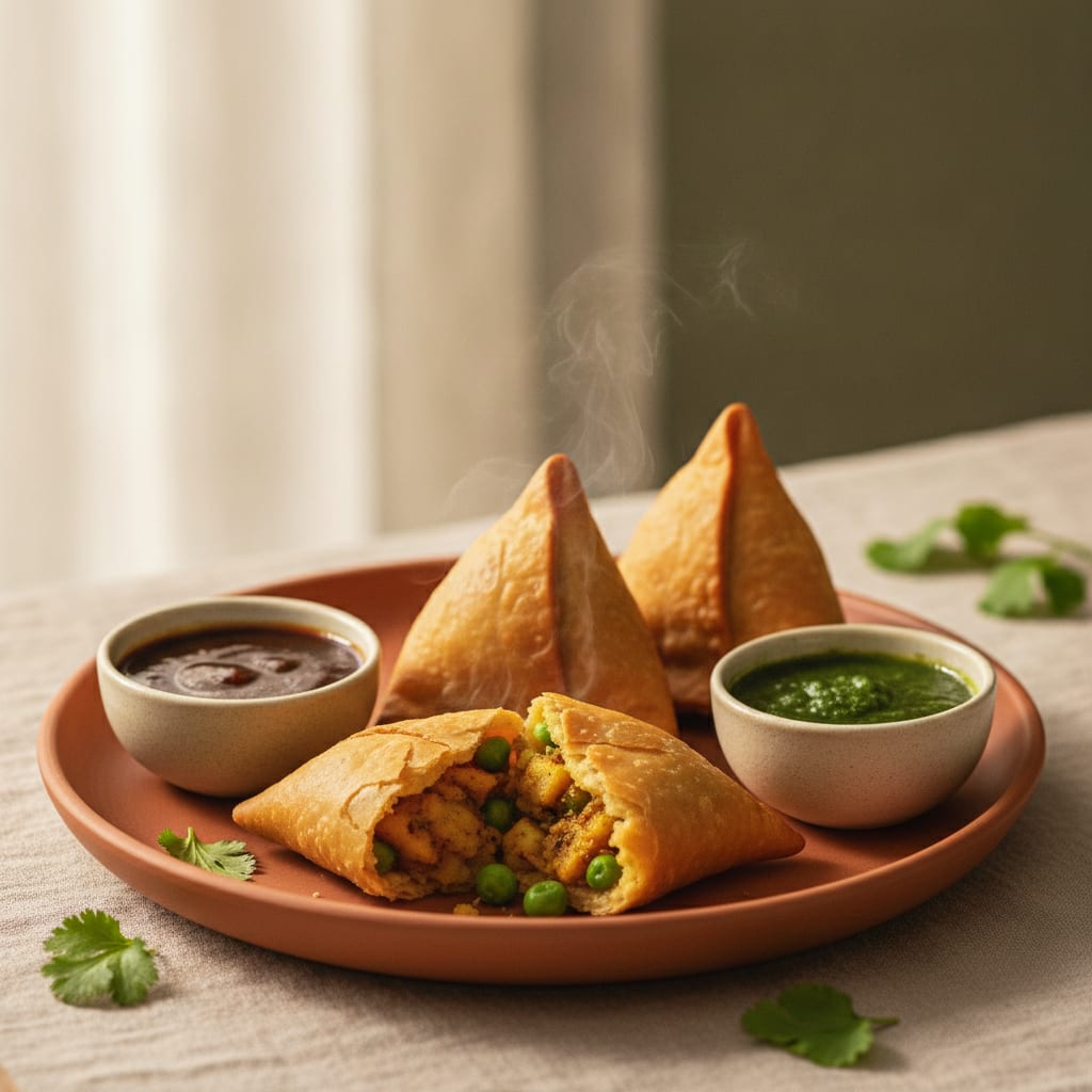 Three golden Punjabi samosas with smooth blister-free crusts on a plate, one broken open to show spiced potato and pea filling, with tamarind and green chutney in small bowls