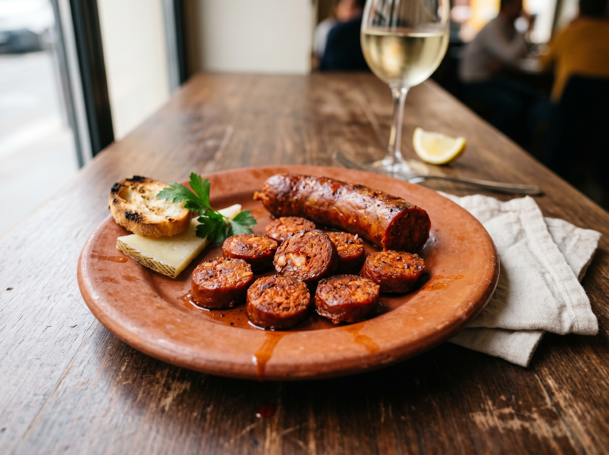 Two seitan chorizo sausages on a wooden cutting board, one sliced into red-stained coins