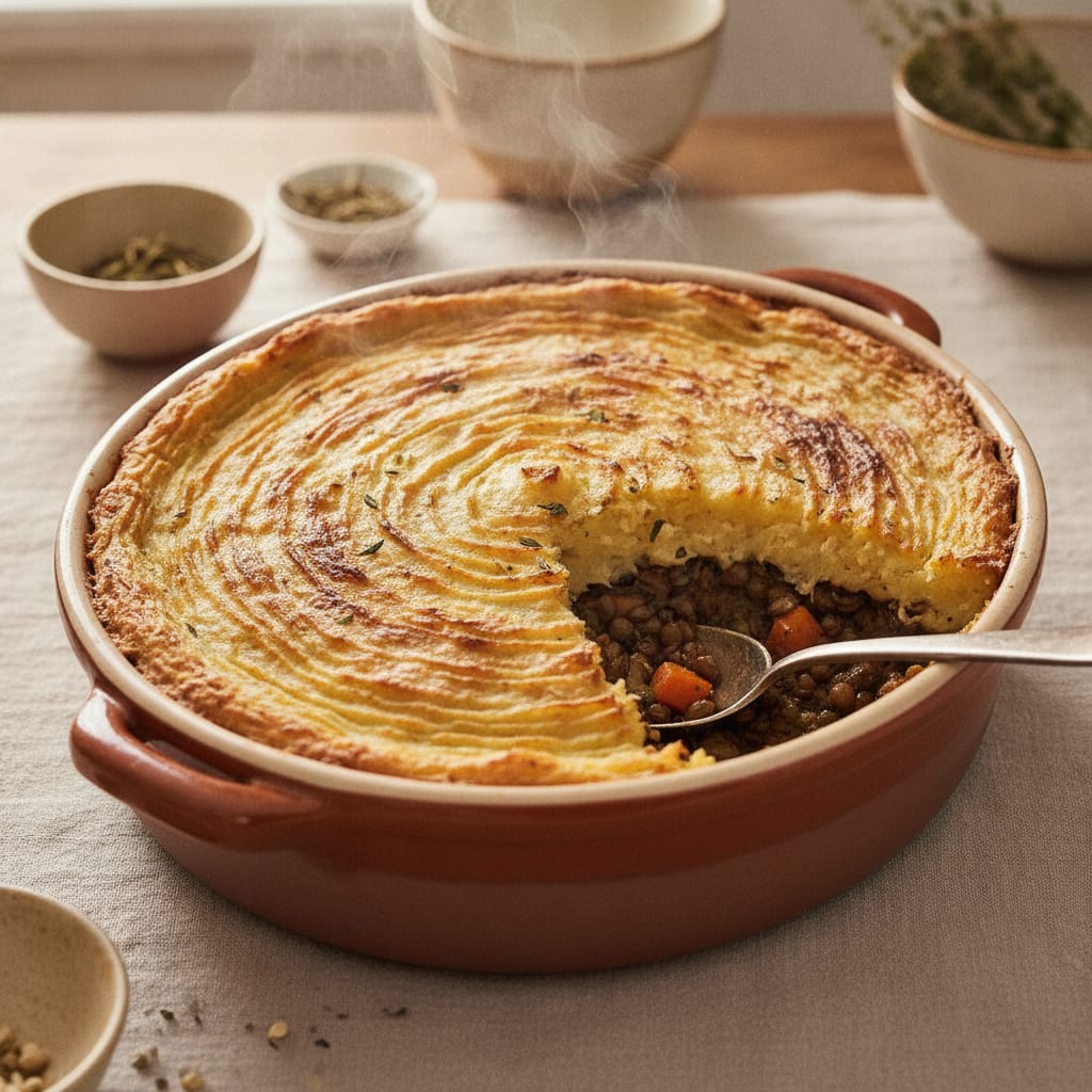 A rustic oval baking dish of shepherd's pie with a deeply browned, fork-ridged mashed potato crust, one corner spooned out to show the dark lentil and mushroom braise beneath