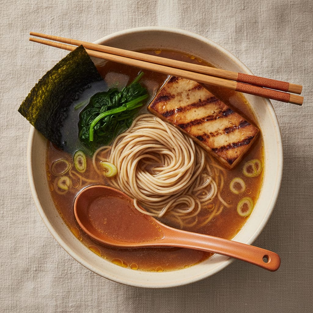 A bowl of clear amber shoyu ramen, straight thin noodles lifted into a nest, a seared tofu slice, blanched greens, a nori square, scallions, a glistening film of aroma oil