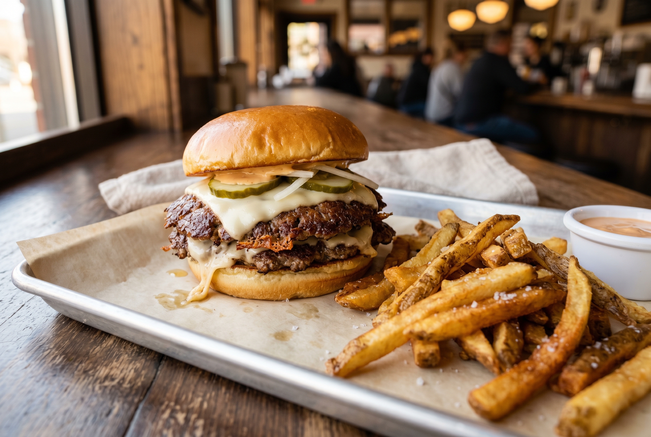 A smash burger with two lacquered crusty patties, melted American cheese, pickles, raw onion, and special sauce on a toasted brioche bun, hand-cut fries spilling beside it