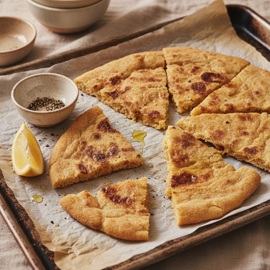 A blistered golden socca on parchment, edges dark and lacy, torn into rough pieces, a small dish of black pepper and a wedge of lemon beside it
