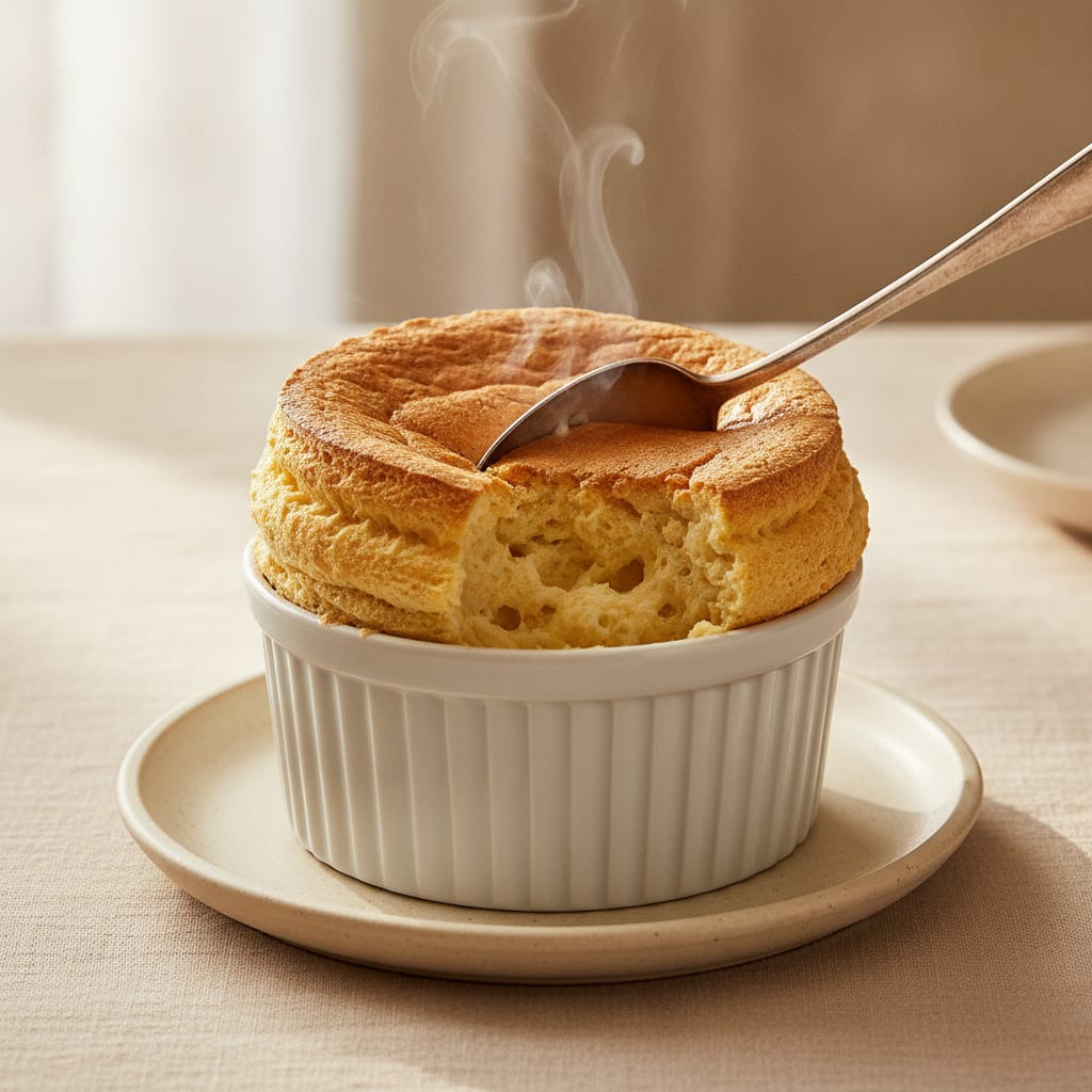 A tall cheese soufflé risen above the rim of a white ramekin, golden and domed on top, a little cracked, set on a small plate with a spoon breaking into the airy interior