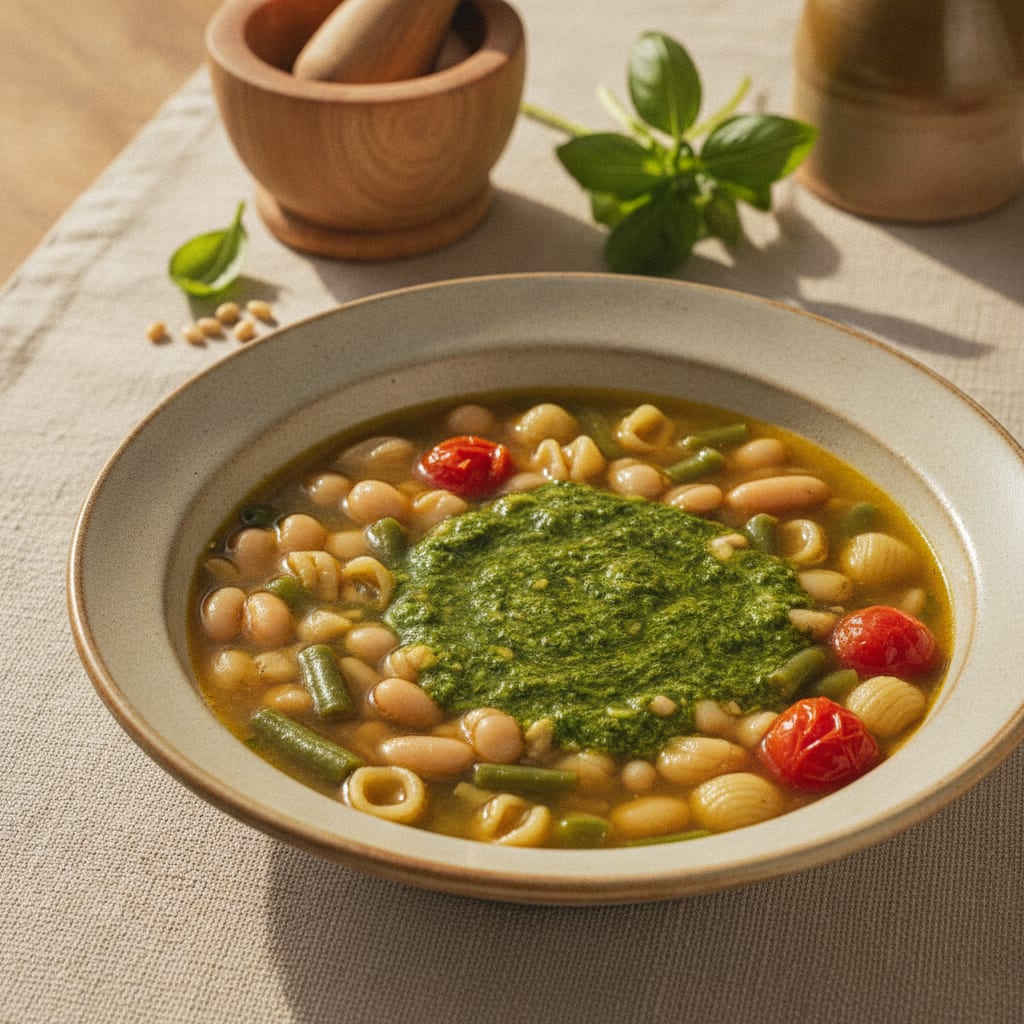 A wide shallow bowl of summer vegetable soup with white and green beans, courgette and small pasta, a spoonful of bright green basil pistou melting into the surface