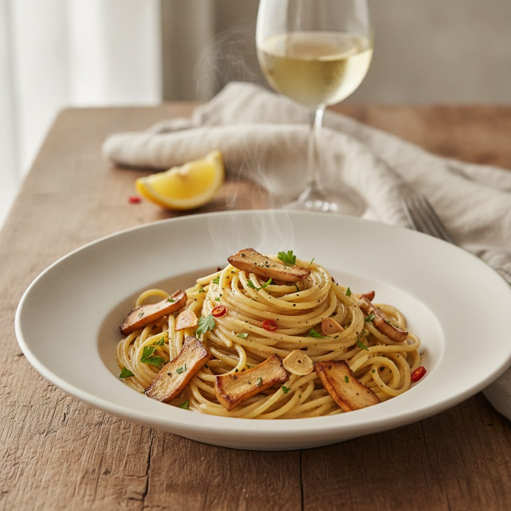 A nest of spaghetti glossed with pale clam-coloured sauce, scattered with golden king oyster clam pieces, garlic, chilli and parsley, in a shallow white bowl