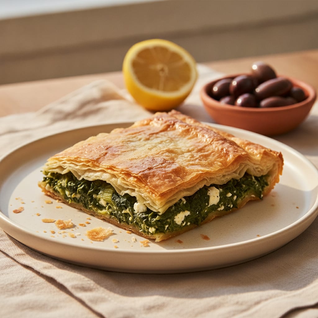 A golden square of spanakopita on a white plate, phyllo shattered at the cut corner to show the dark green spinach-and-herb filling flecked with white curd