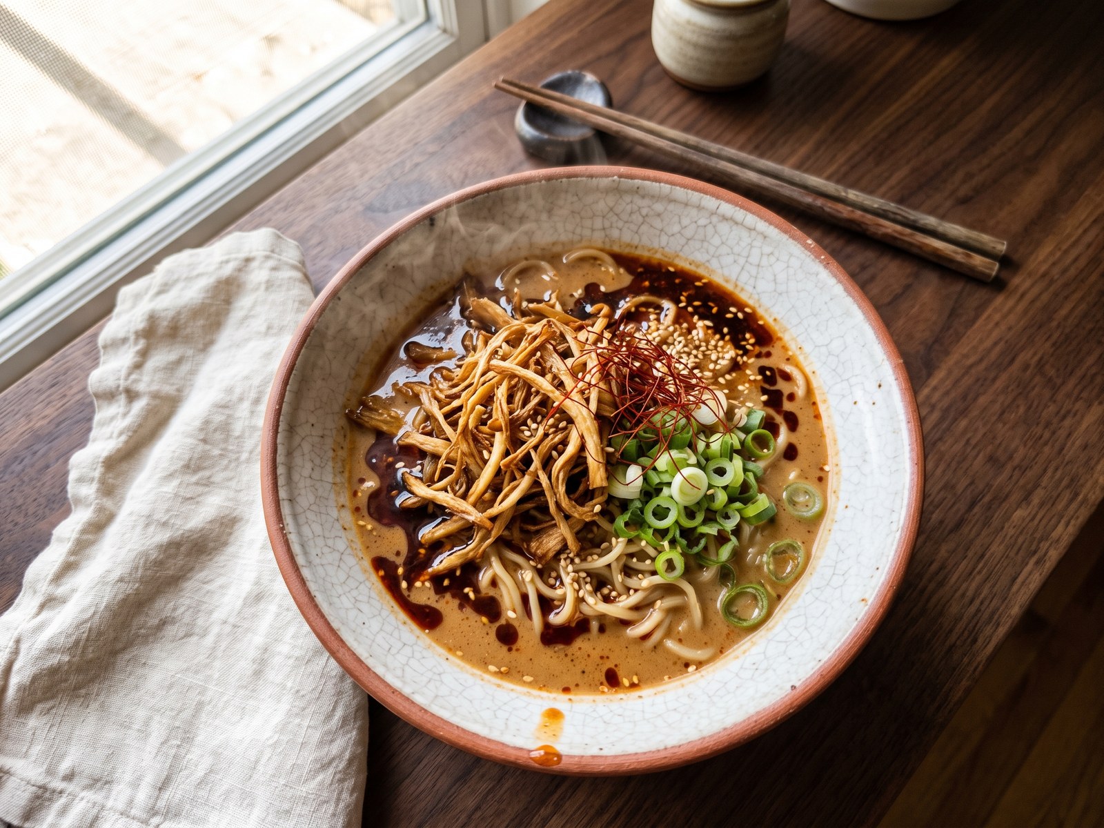 A bowl of creamy red-tan spicy garlic ramen, ramen noodles under a tangle of golden crisped king oyster mushroom strands, green onion, chili threads, sesame, a sheen of chili oil