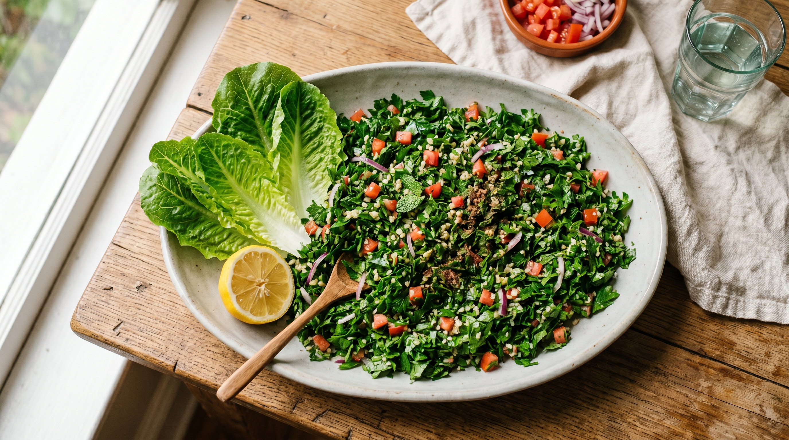 A wide shallow bowl of bright green tabbouleh — mostly parsley and mint with small flecks of bulgur and tomato — and romaine leaves alongside