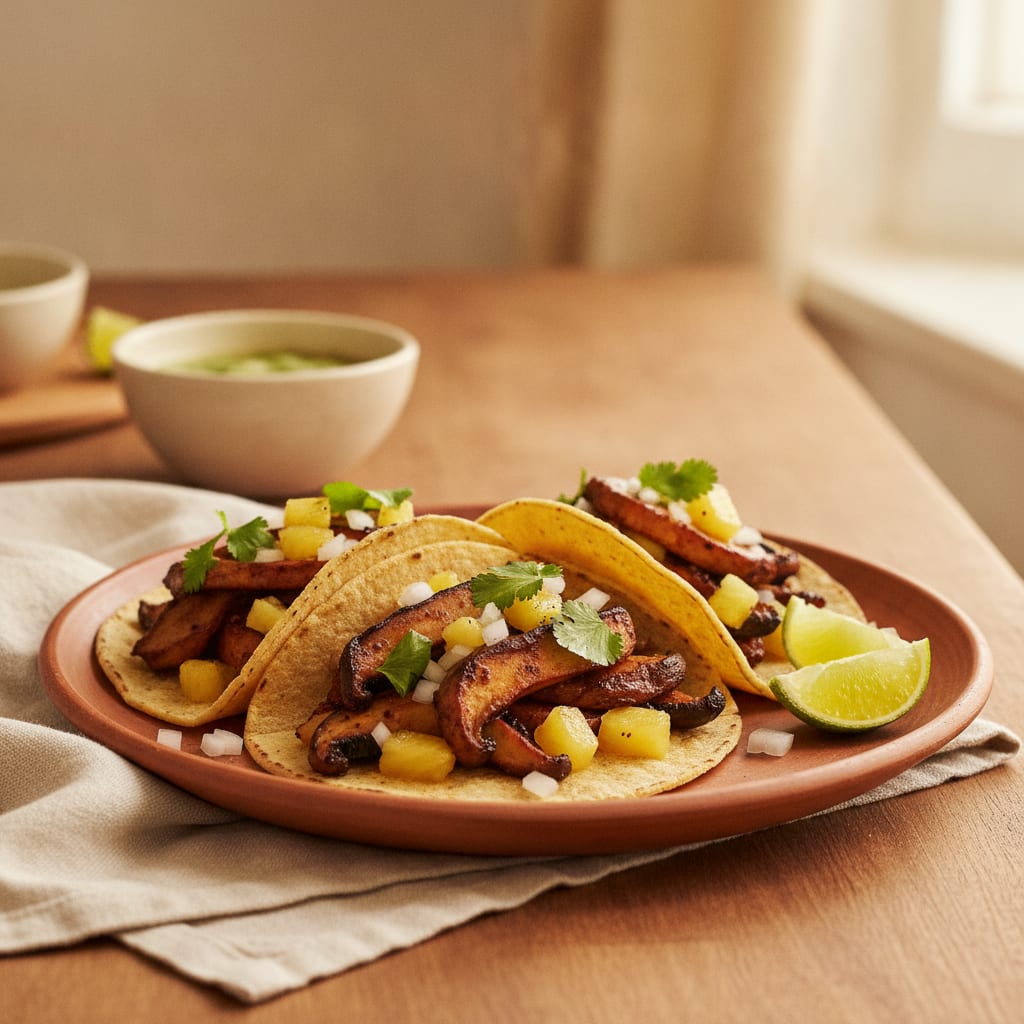 Three corn tortillas piled with charred adobo-glazed king oyster mushroom, diced pineapple, white onion and cilantro, lime wedges alongside