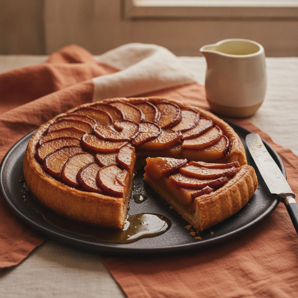 A flipped tarte Tatin on a plate, the apple wedges glistening dark amber and tightly packed, caramel pooling at the edge, a corner of crisp puff visible beneath
