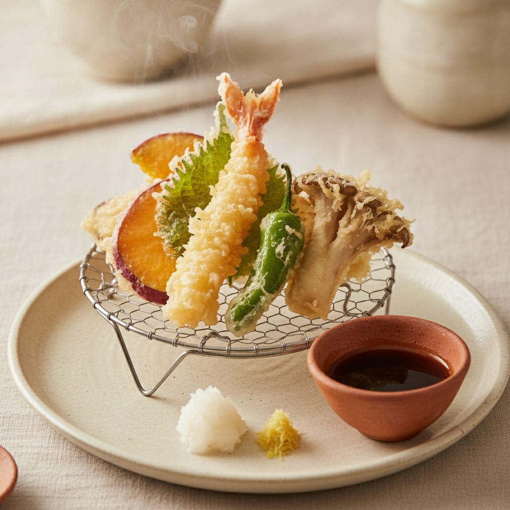 An arrangement of pale-gold vegetable tempura — a fanned sweet potato slice, shiso leaf, shishito pepper, mushroom — their batter lacy and blistered, with a small bowl of dark tentsuyu and a mound of grated daikon