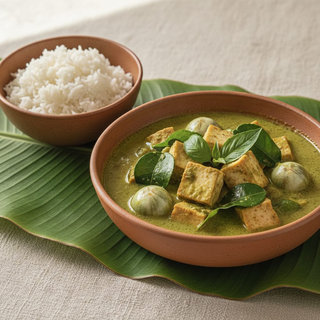 A bowl of green Thai curry with cubes of tofu, Thai eggplant, makrut lime leaves and Thai basil, an oily green sheen on the surface, served with jasmine rice
