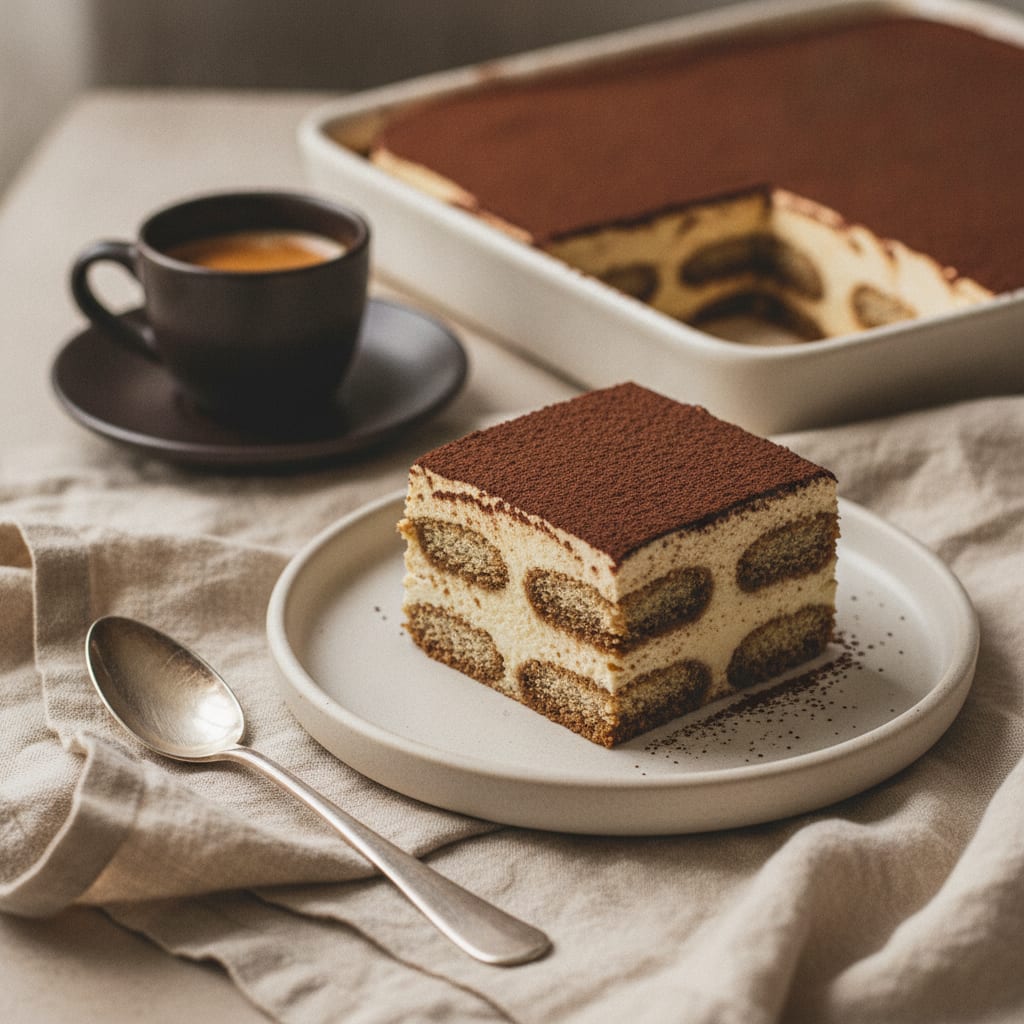 A square of tiramisu lifted onto a plate, layers of pale mascarpone cream and coffee-dark savoiardi visible, the top dusted thick with bitter cocoa