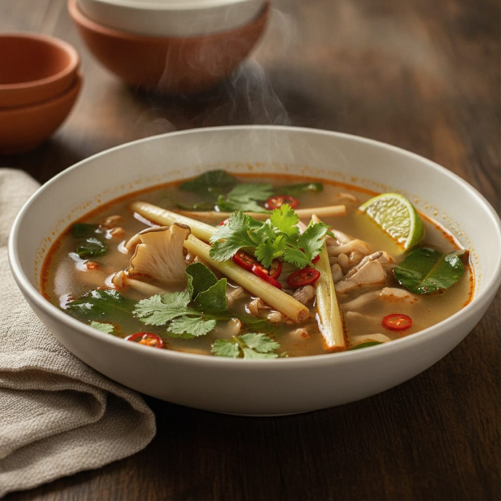 A bowl of clear red-flecked tom yum broth full of oyster and straw mushrooms, bruised lemongrass stalks and torn makrut lime leaves, a scattering of cilantro and bird's eye chili on top