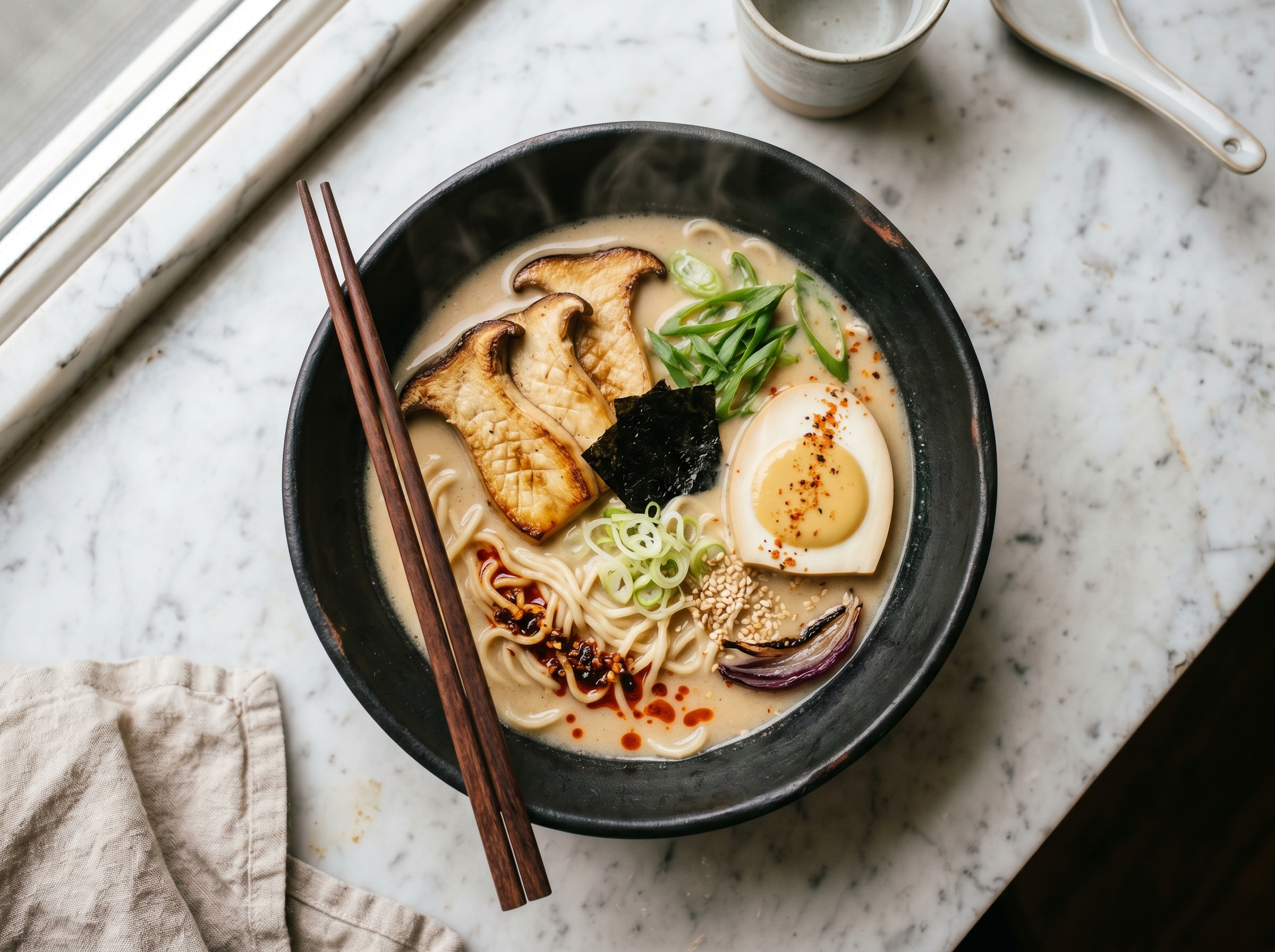 A wide ramen bowl with deep amber broth, curls of alkaline noodles, a soft tofu disc, scallions, nori, and bamboo shoot