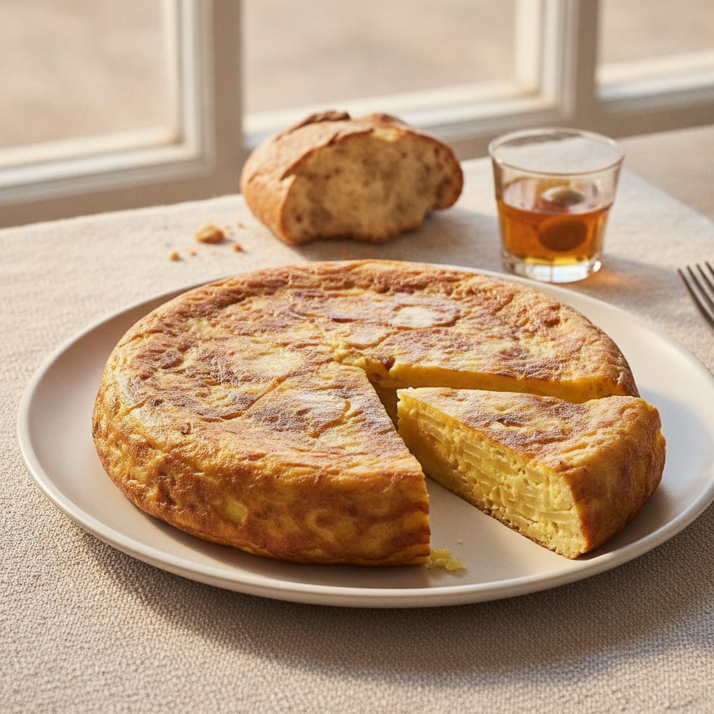 A thick golden tortilla española on a white plate, one wedge cut out to show a barely-set, custardy interior with layers of soft potato