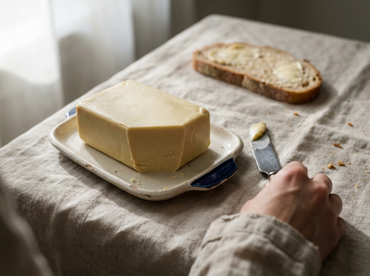 A pale-gold block of homemade vegan butter on a small ceramic dish, one corner cut away, a butter knife resting beside it on a linen cloth